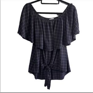 Promesa Off shoulder navy with white ruffle top with front waist tie. Size Small